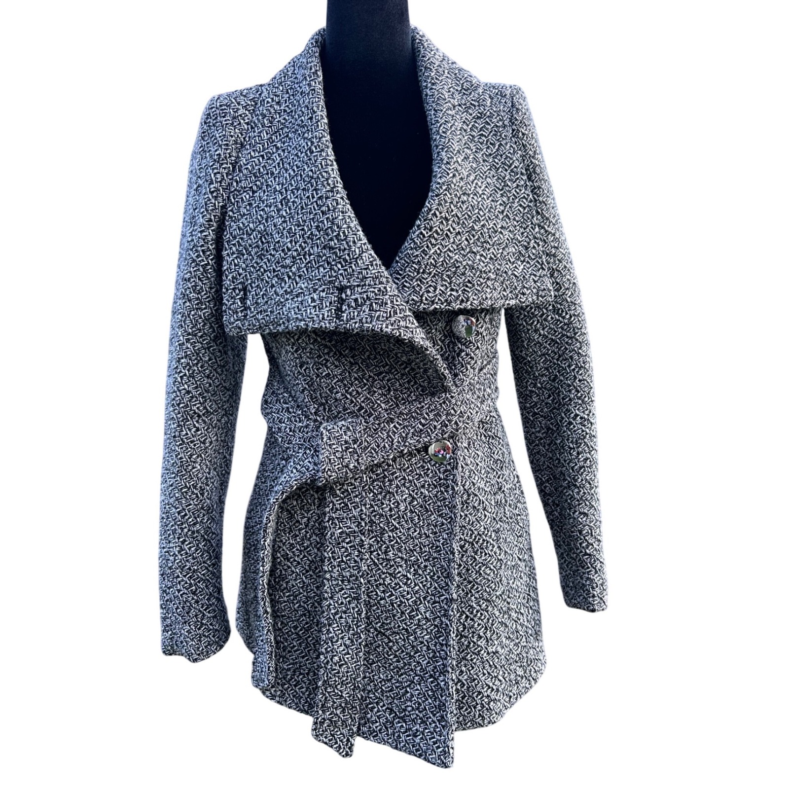 Guess Los Angeles Black White Herringbone Tweed Wrap Belted Coat Xs Q9pl07r02f5